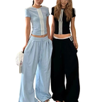 Women's Casual Outfit Set Striped Crop Top T-shirt & Wide Leg Pants Plus Sizes