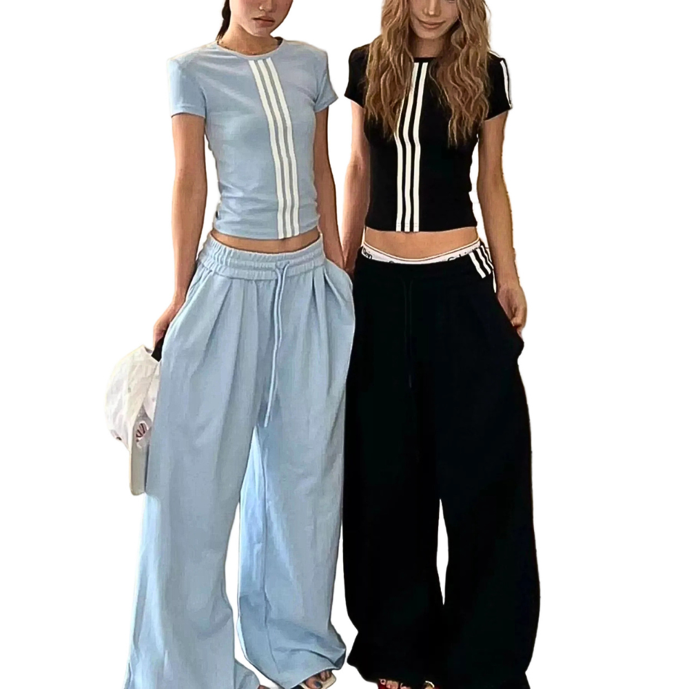 Women's Casual Outfit Set Striped Crop Top T-shirt & Wide Leg Pants Plus Sizes