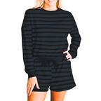Women's Casual Outfit Set Striped Dark Gray Long Sleeve Top and Drwastring Shorts