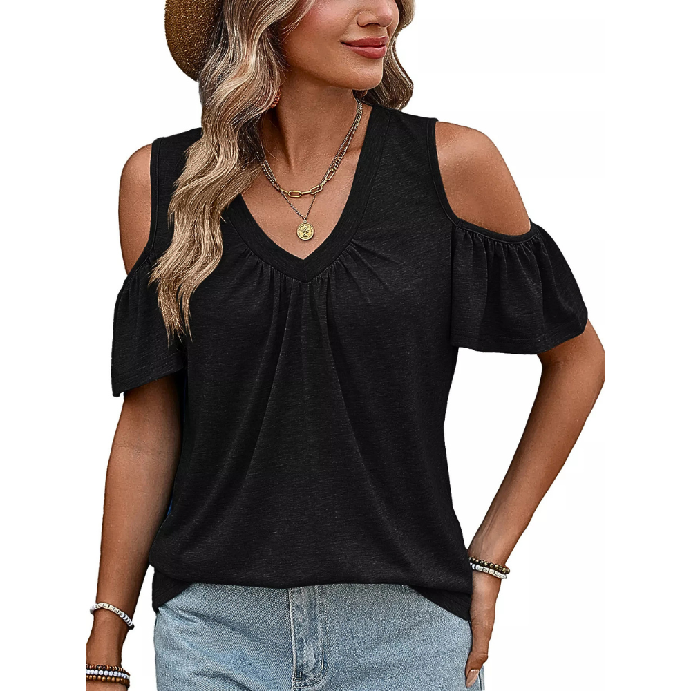 Women's Casual T-shirt Cold Shoulder V-Neck Ruched Solid Summer Blouse