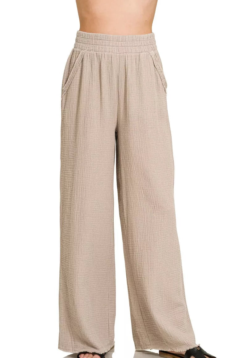 Women’s Double Gauze Lounge Pants Elastic Waist Casual Cotton Bottoms Ash Mocha