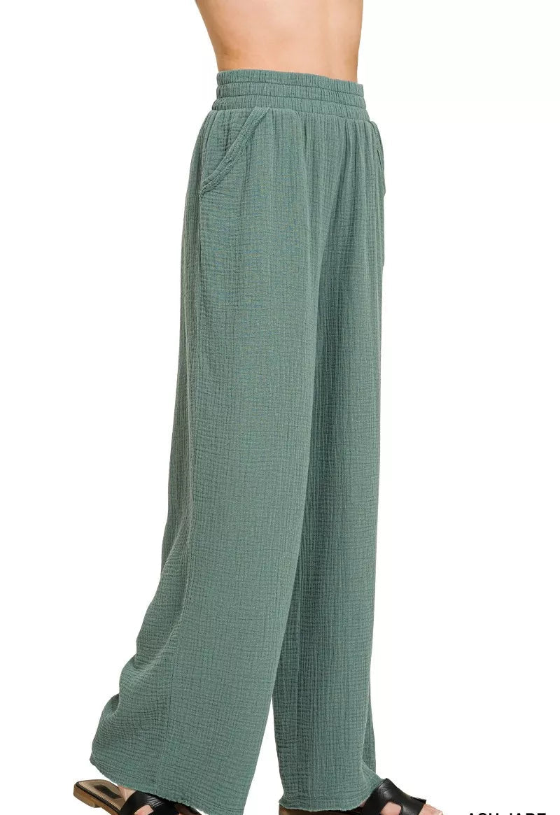 Women’s Double Gauze Lounge Pants Elastic Waist Cotton Relaxed Casual Bottoms - STYLEINGER