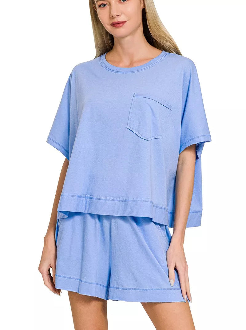 Women’s Exposed Seam Boxy Top & Shorts Set Casual Two-Piece Lounge Outfit Blue