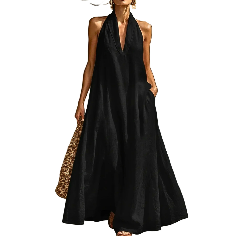 Fashion Maxi Dress Casual Halter V-Neck Oversized Loose with Pockets