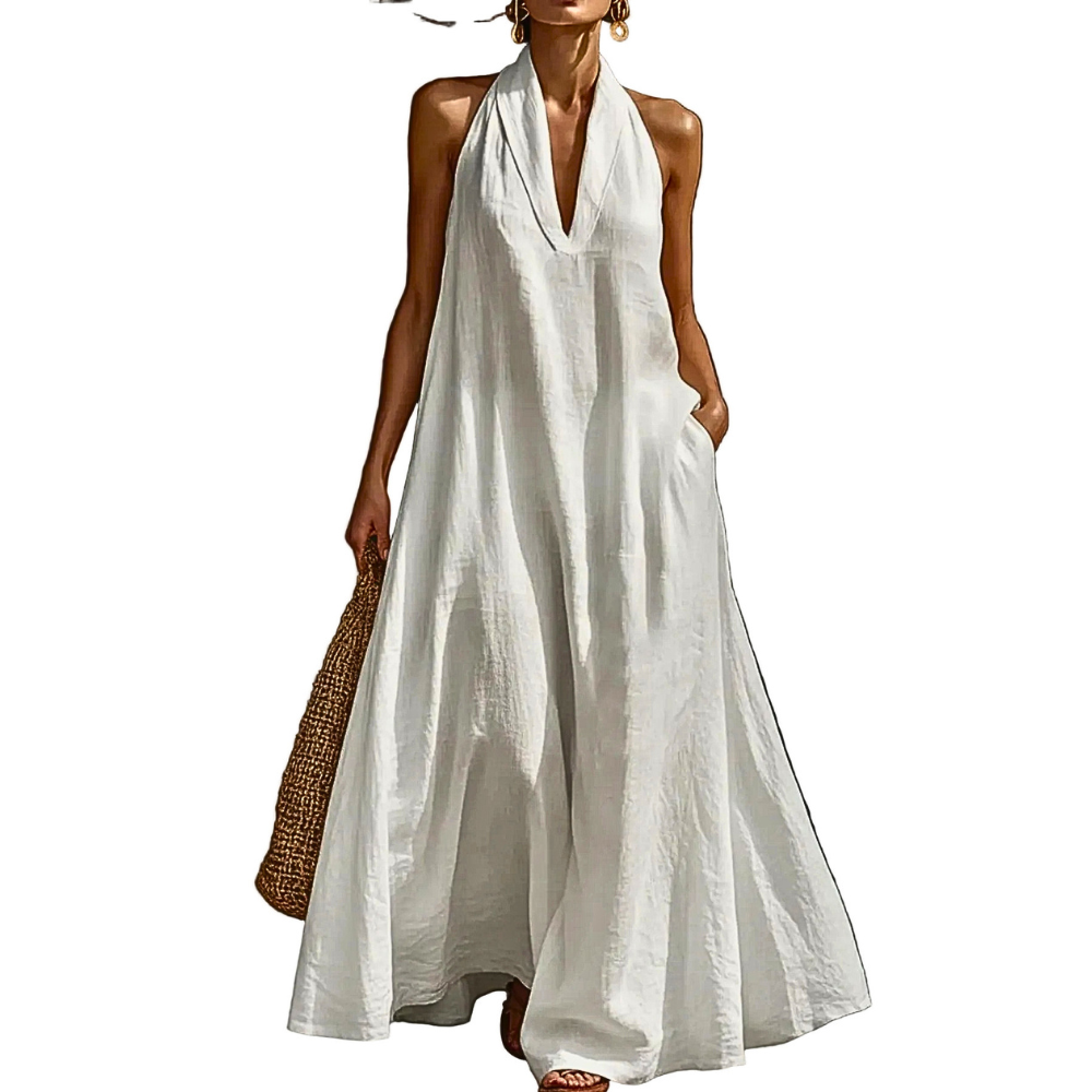 Women's Fashion Maxi Dress Linen Casual Halter V-Neck Oversized Loose with Pockets