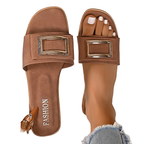 Women's Flat Sandals Buckle Open Toe Pu Leather Summer Casual Slippers