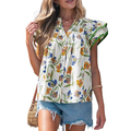 Women's Floral Shirt Blouse Cotton Ruffle V-Neck Pleats Buttoned Short Sleeve Top
