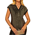 Women's Full Sequin Blouse V-Neck Notched Short Cap Sleeve Elegant Summer Top