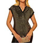 Women's Full Sequin Blouse V-Neck Notched Short Cap Sleeve Elegant Summer Top