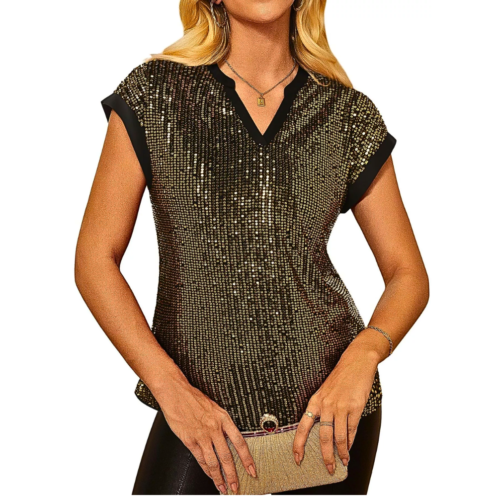 Women's Full Sequin Blouse V-Neck Notched Short Cap Sleeve Elegant Summer Top