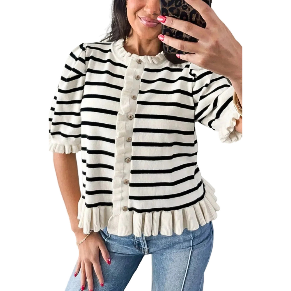 Women's Knit Stripe Cardigan Ruffle Buttoned Round Neck Short Sleeve Lightweight