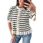 Women's Knit Stripe Cardigan Ruffle Buttoned Round Neck Short Sleeve Lightweight