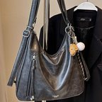 Women's Large Shoulder Bags Pu Leather Black Outer Zip Pocket Casual Handbag