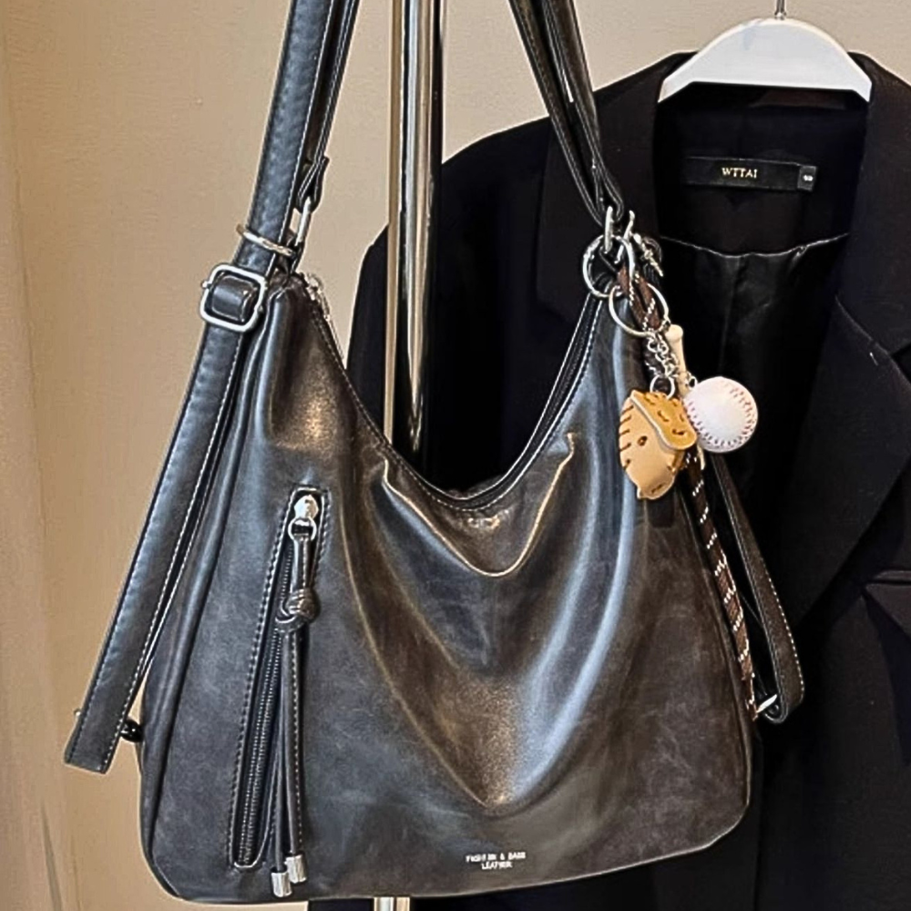 Women's Large Shoulder Bags Pu Leather Black Outer Zip Pocket Casual Handbag