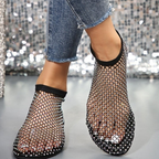 Women's Mesh Round Toe Sandals Rhinestone Beaded Flats Summer Shoes
