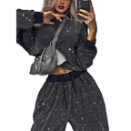 Women's Outfit Set Full Sequin Fashion Round Neck Long Sleeve Top and Loose Pants