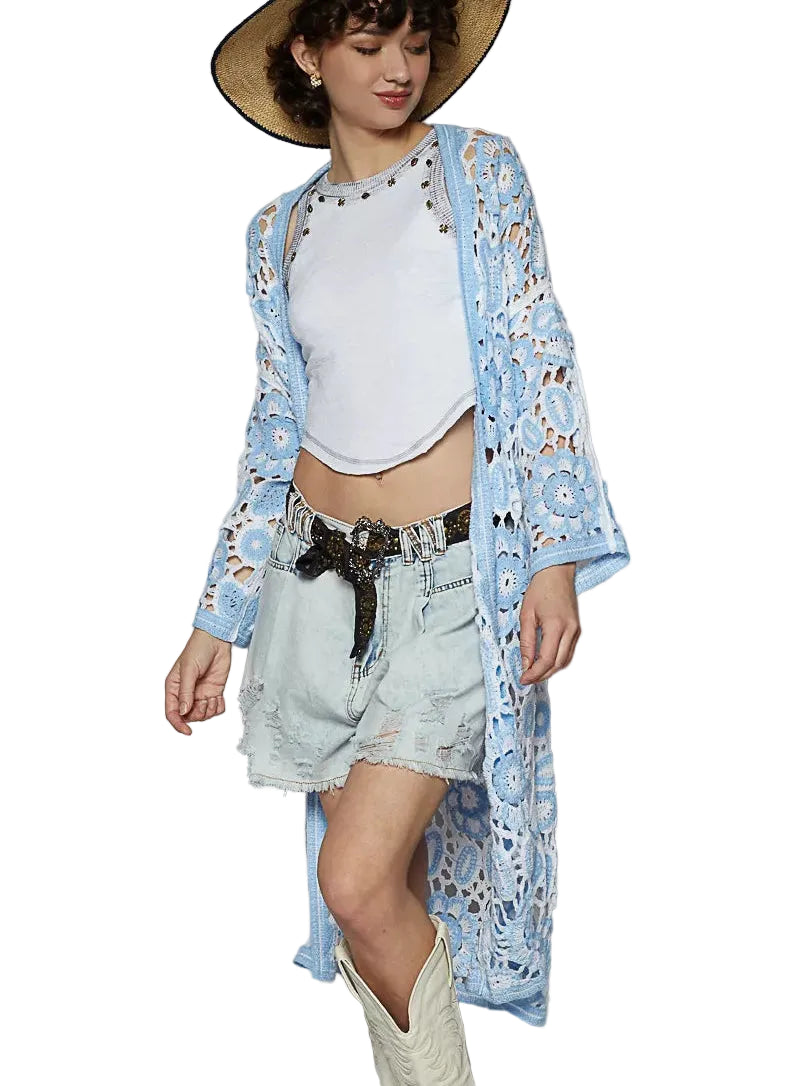 Women’s POL Crochet Cardigan Blue Open Front  – Knit Weave Pattern Boho Sweater S‑L - Styleinger