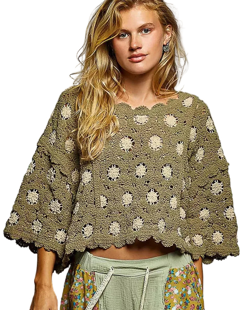 Women’s POL Crochet Cropped Knit Top Olive Contrast  – Casual Boho Chic Crop S‑L - Styleinger