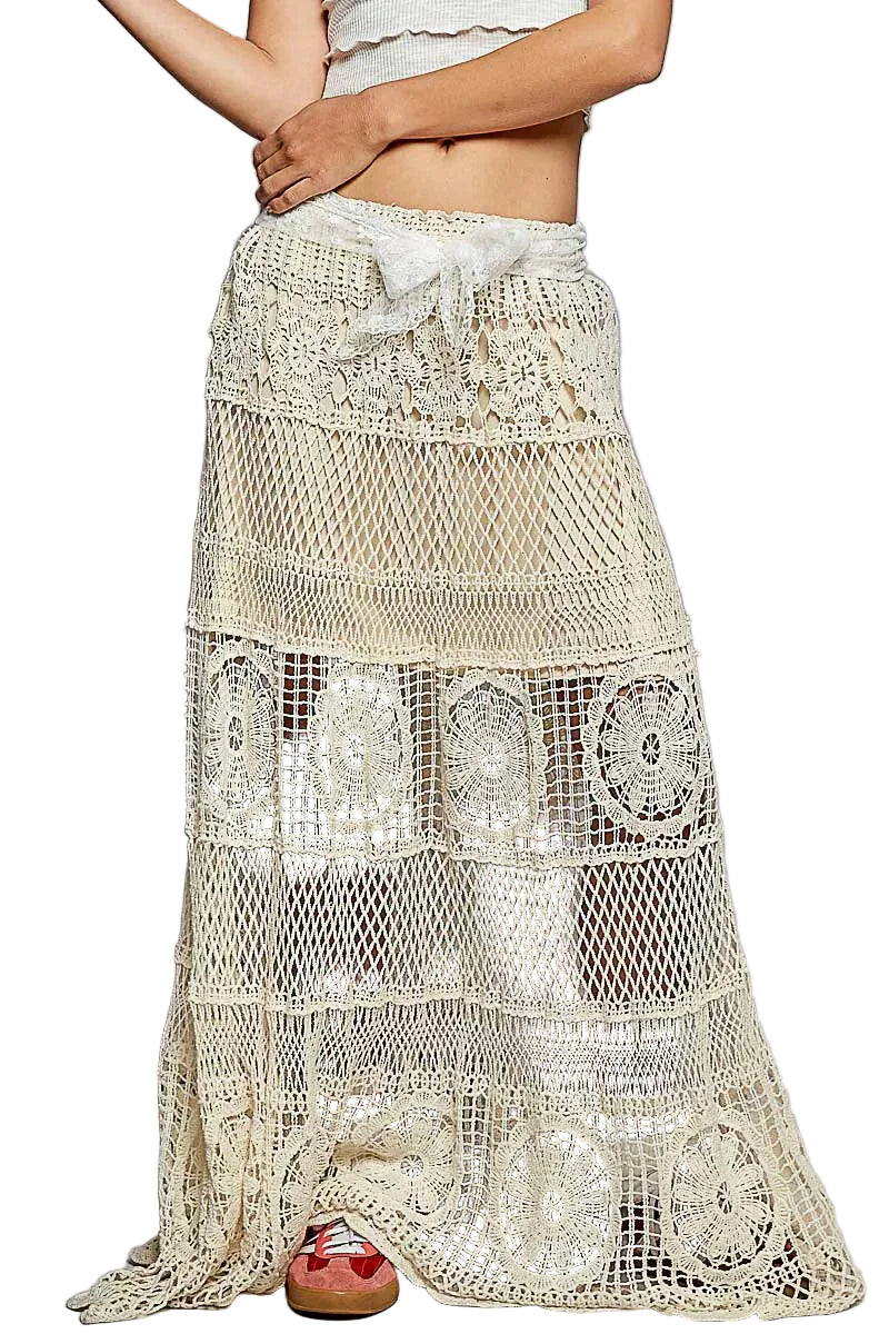 Women’s POL Crochet Maxi Skirt Floral Flared w/ Elastic Waist Band Cotton Beige