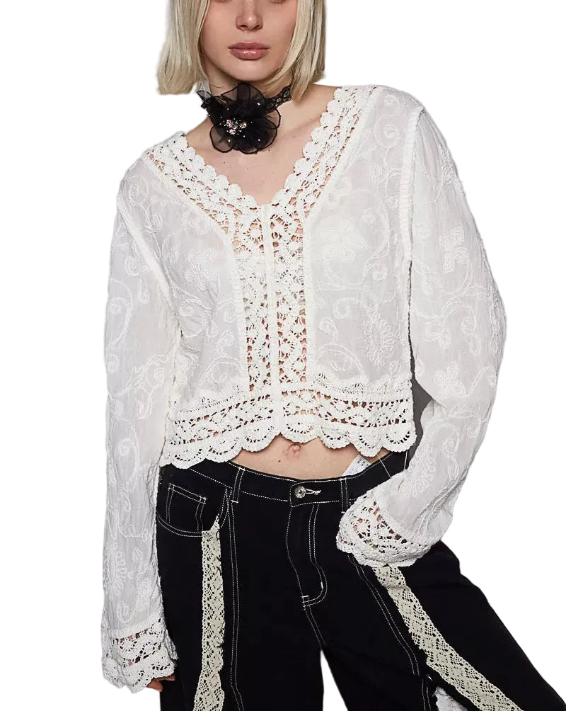 Women’s POL Cropped Crochet Top White Long Sleeve Floral Embroidery – Boho Chic S‑L