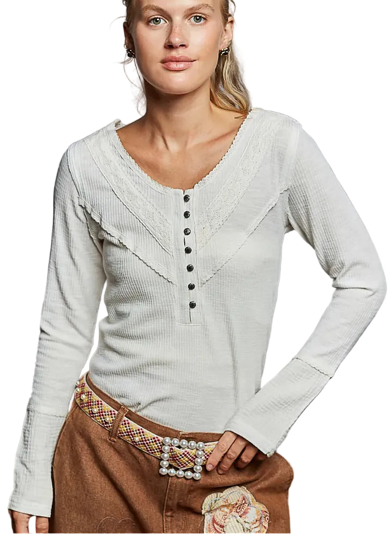 Women’s POL Ribbed Knit Top Ivory Half Button Lace Detail – Long Sleeve Casual Chic - Styleinger