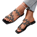 Women's Sandals Rhinestone Floral Leaf Beaded Open Toe Low Heels Shoes