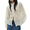 Women's Shirt Blouse Floral Embroidered Sheer Lace Long Sleeve Ruffle Neck Top
