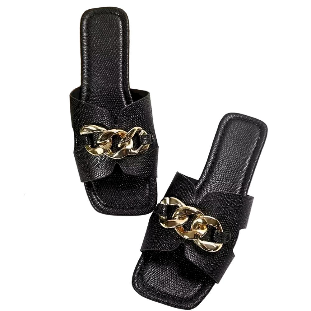 Women's Slide Flat Sandlas Chain Embellished Pu Leather Summer Fashion Shoes