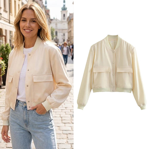 Women's Solid Bomber Jacket with Pockets | V-Neck Long Sleeve | Styleinger