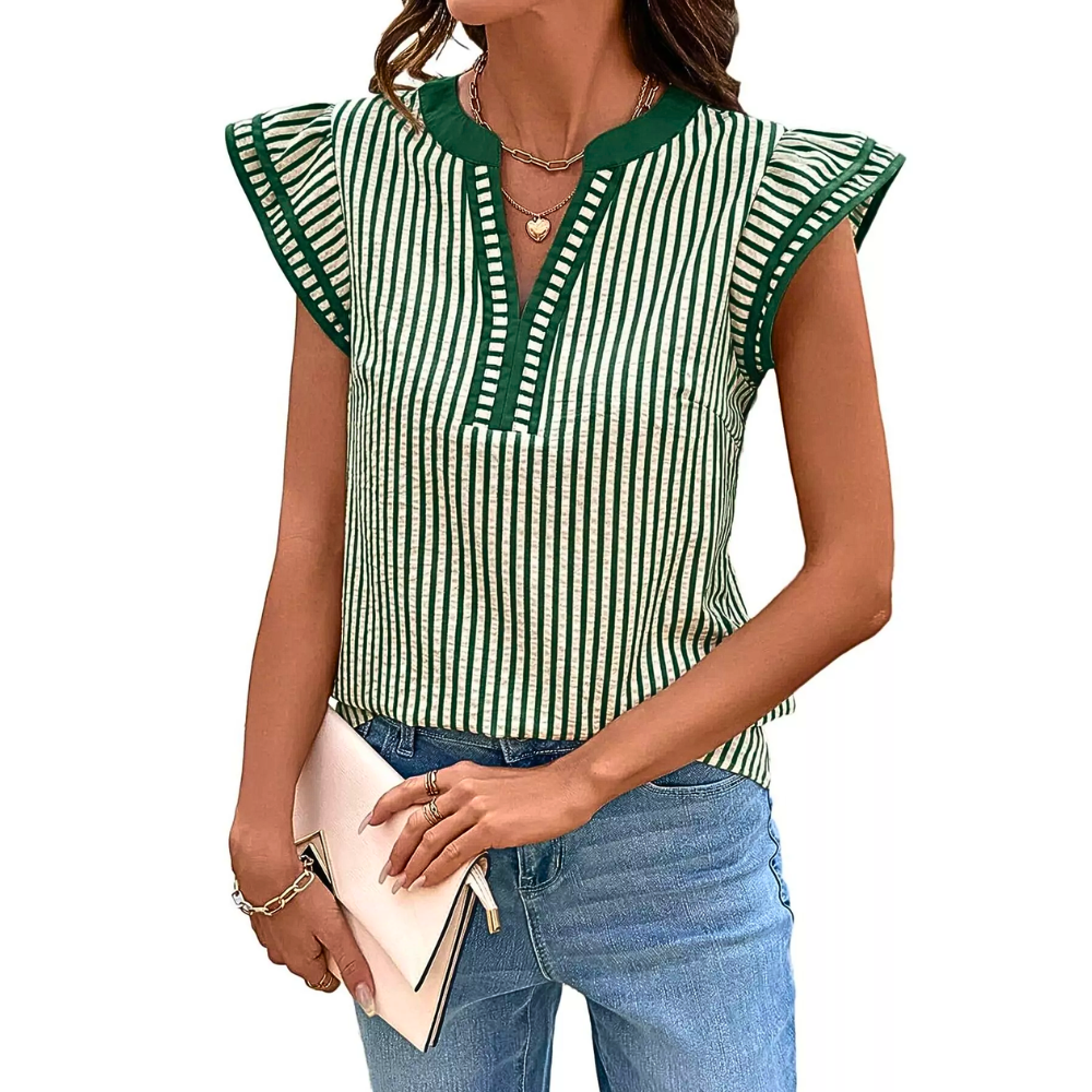 Women's Striped Blouse V-Neck Contrast Trim Ruffle Flutter Short Sleeve Casual Top