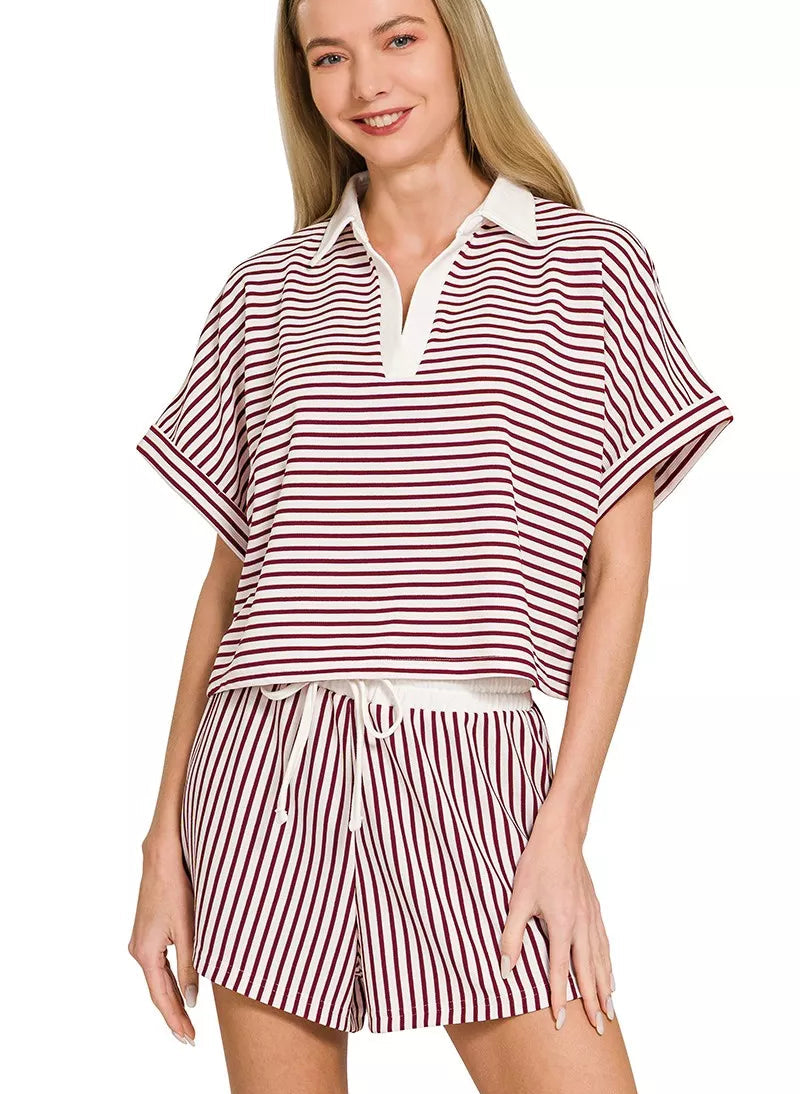 Zenana Striped Collared Top & Shorts Set