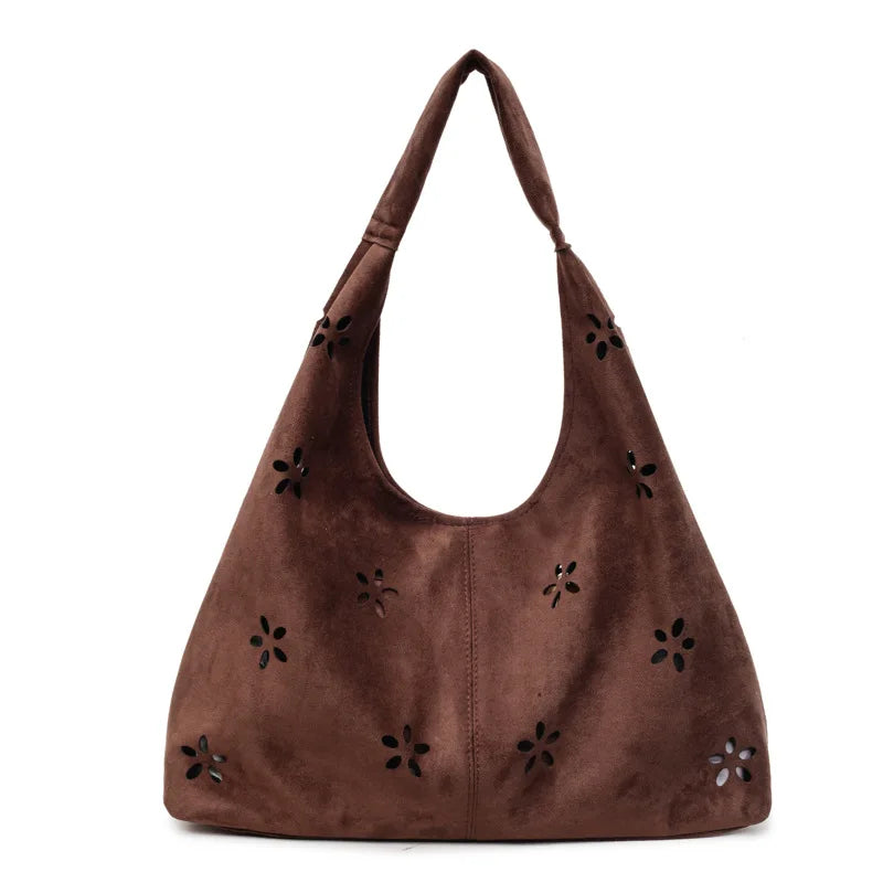 Women's Suede Shoulder Bag Floral Cutout Large Casual Handbags 2 in 1 Purses