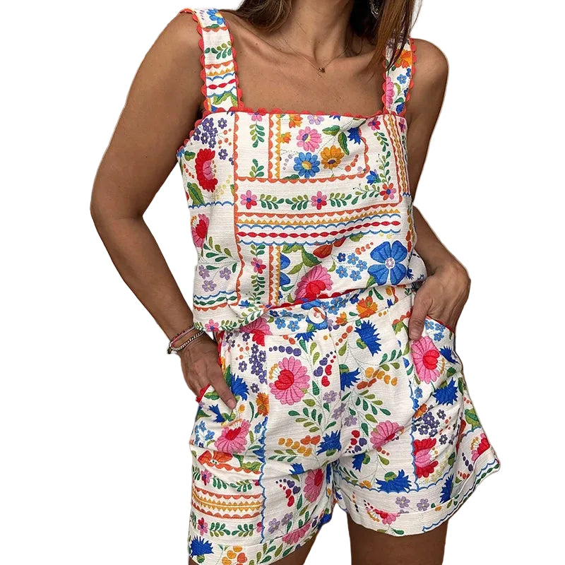 Women's Summer Outfit Set Floral Cami Lace Trim Strappy Top and Shorts 2 Pcs