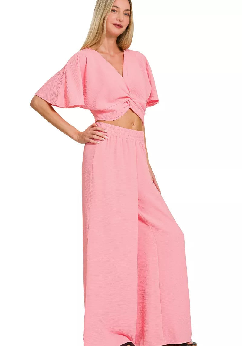 Women’s Twisted Top & Wide Leg Pants Woven Two-Piece Casual Set Dark Pink