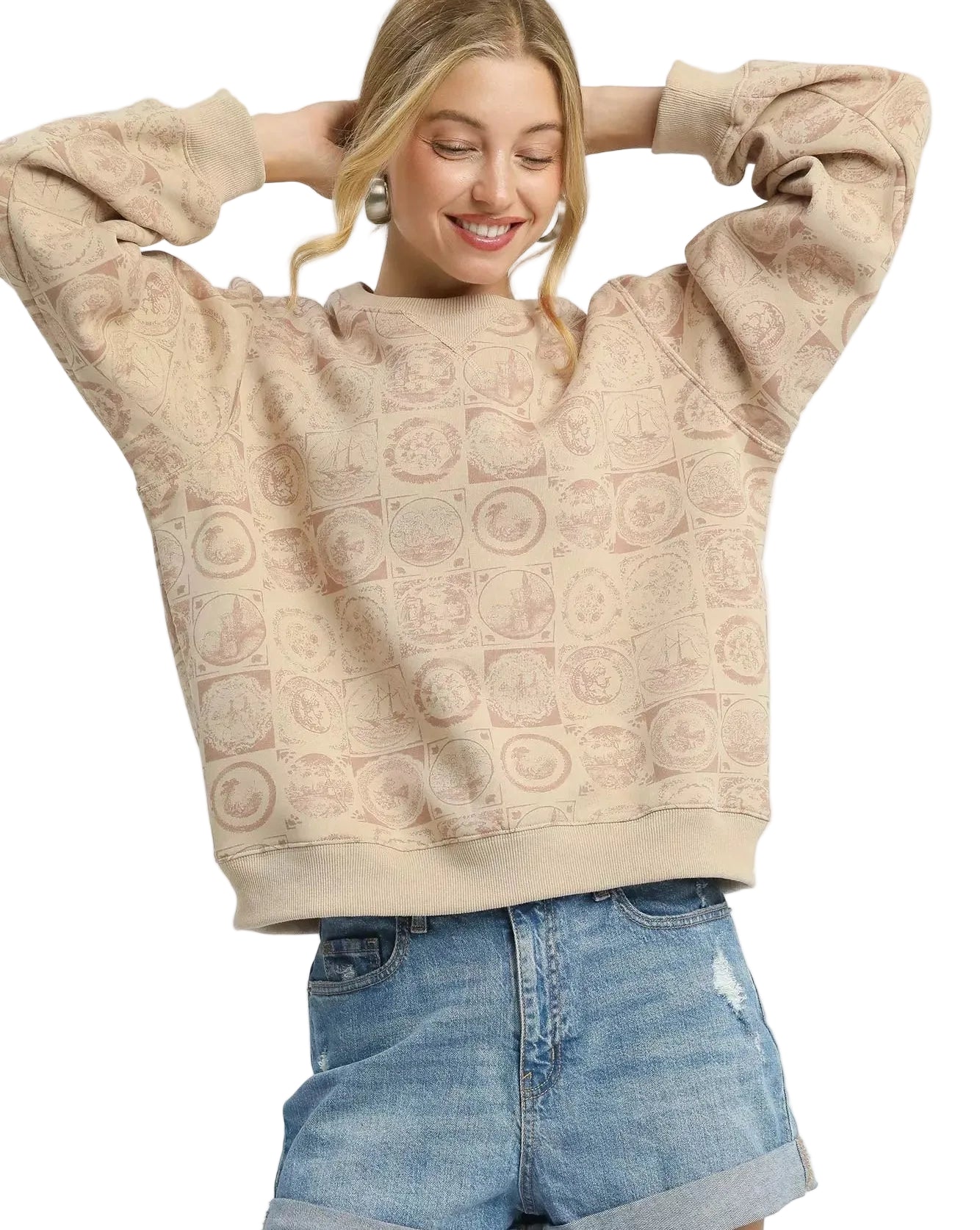 Women’s Umgee Coin Stamp Print Sweatshirt – Crewneck Long Sleeve Tan Pullover S‑L - Styleinger