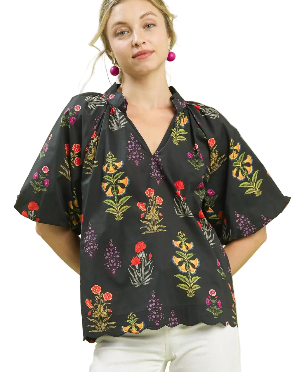 Women’s Umgee Floral Blouse Black Puff Sleeve w/ Scallop Hem – Casual Boho Top S‑L - Styleinger