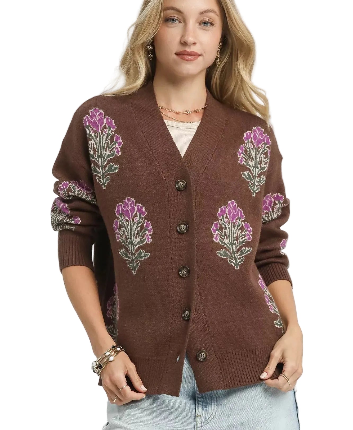 Women’s Umgee Jacquard Cardigan Sweater Brown Single Flower Stem  – Button S‑L - Styleinger