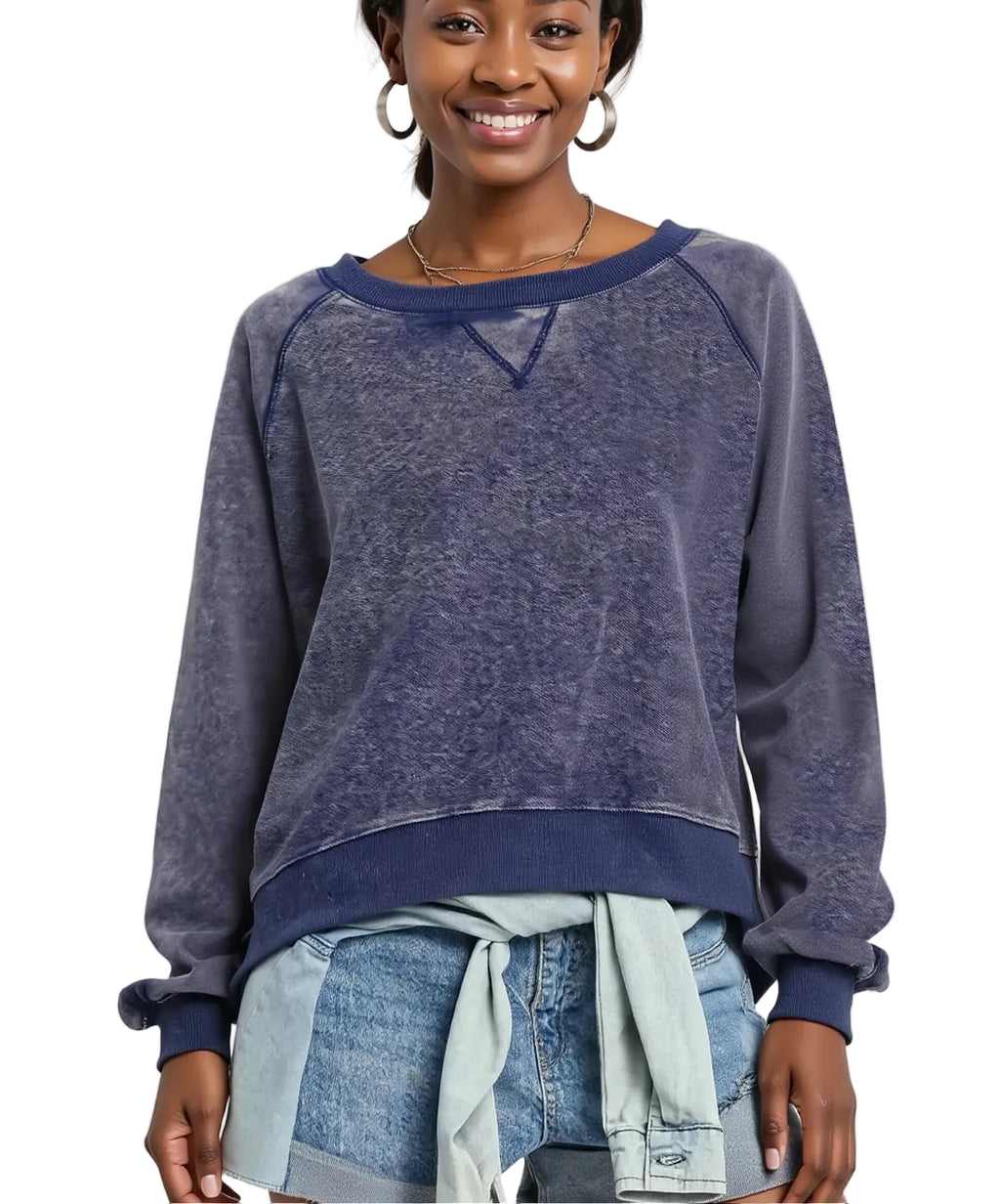 Women’s Umgee Mineral Wash French Terry Sweatshirt – Oversized Casual Pullover - Styleinger