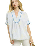 Women’s Umgee Striped Blouse Light Blue Embroidered Top w/ Scallop Trim V- Neck - Styleinger