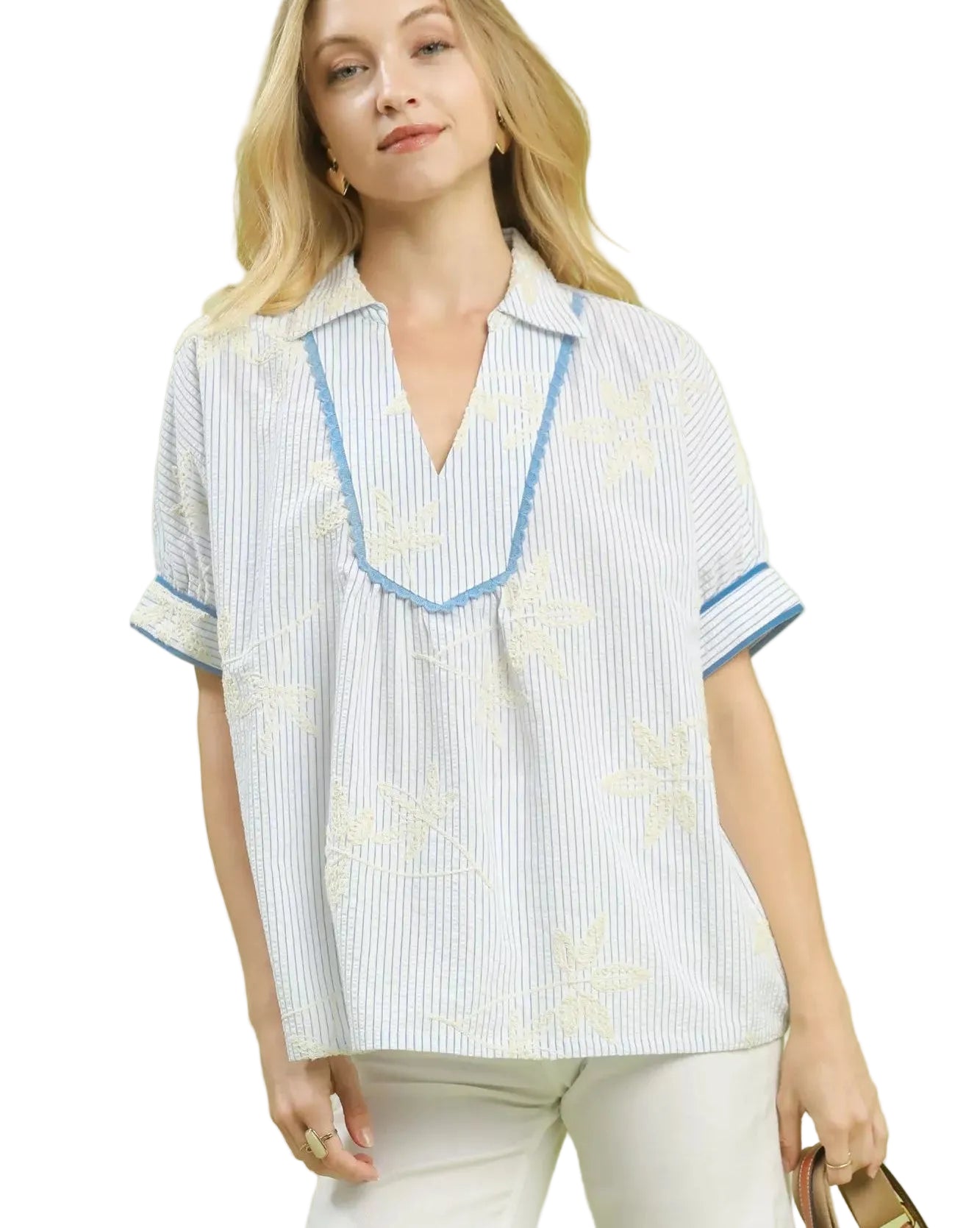 Women’s Umgee Striped Blouse Light Blue Embroidered Top w/ Scallop Trim V- Neck - Styleinger