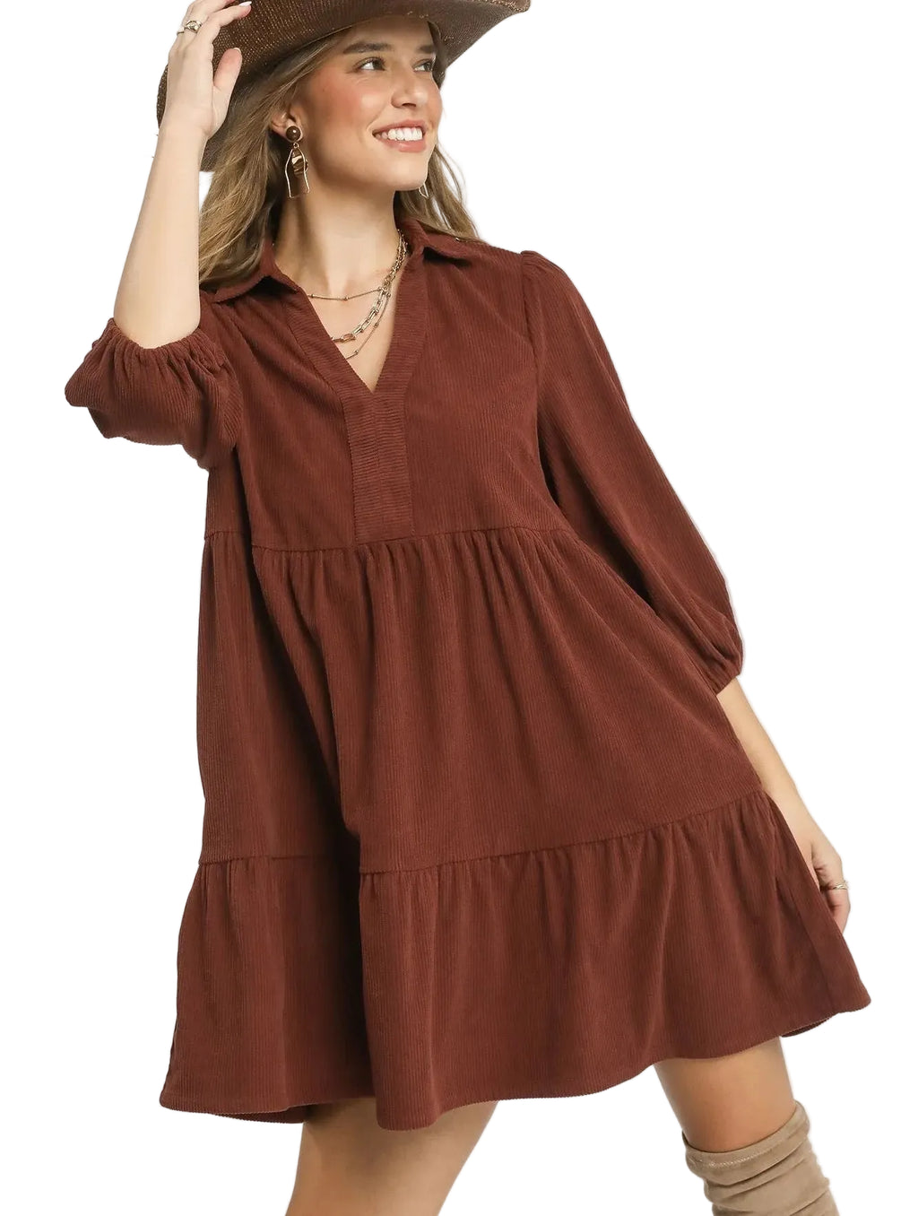 Women’s Umgee Tiered Corduroy Mini Dress w/ Balloon Sleeves – Brown Casual Dress - Styleinger