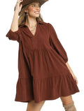 Women’s Umgee Tiered Corduroy Mini Dress w/ Balloon Sleeves – Brown Casual Dress - Styleinger
