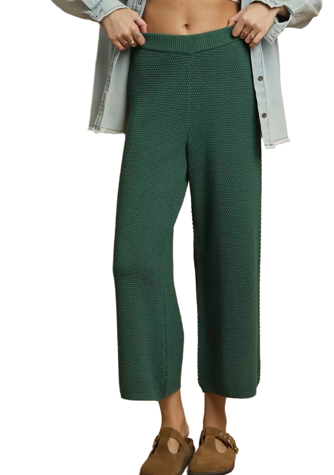 Women’s Umgee Wide Leg Pants Green Textured Knit  – Cozy Casual Palazzo Trousers S‑L