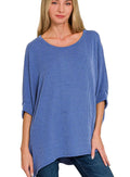 Women’s Zenana Bat Sleeve Top Classic Blue Raised Rib Textured Knit Casual Blouse S-L - Styleinger