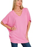 Women’s Zenana Batwing Top Candy Pink Raised Rib V-Neck Textured Casual Blouse S-L - Styleinger