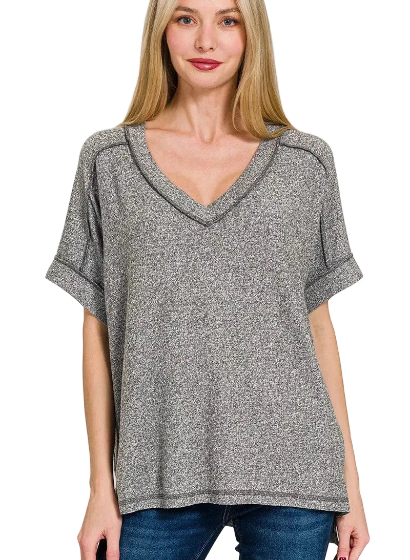 Women’s Zenana Hi-Low Tee Black Soft Melange Hacci V-Neck Plus Size Relaxed Top - Styleinger