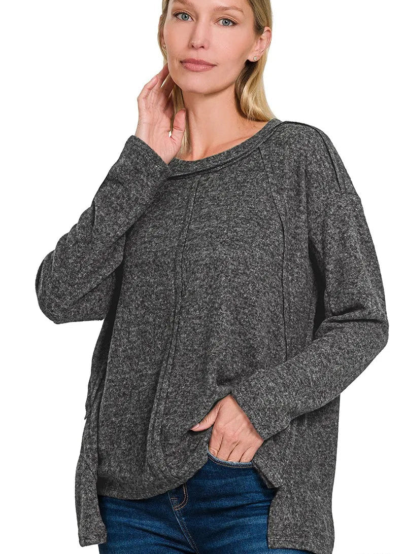 Women’s Zenana Knit Blouse Black Brushed Hacci Exposed Seam Hi‑Low – Plus Sizes - Styleinger
