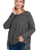 Women’s Zenana Knit Blouse Black Brushed Hacci Exposed Seam Hi‑Low – Plus Sizes - Styleinger