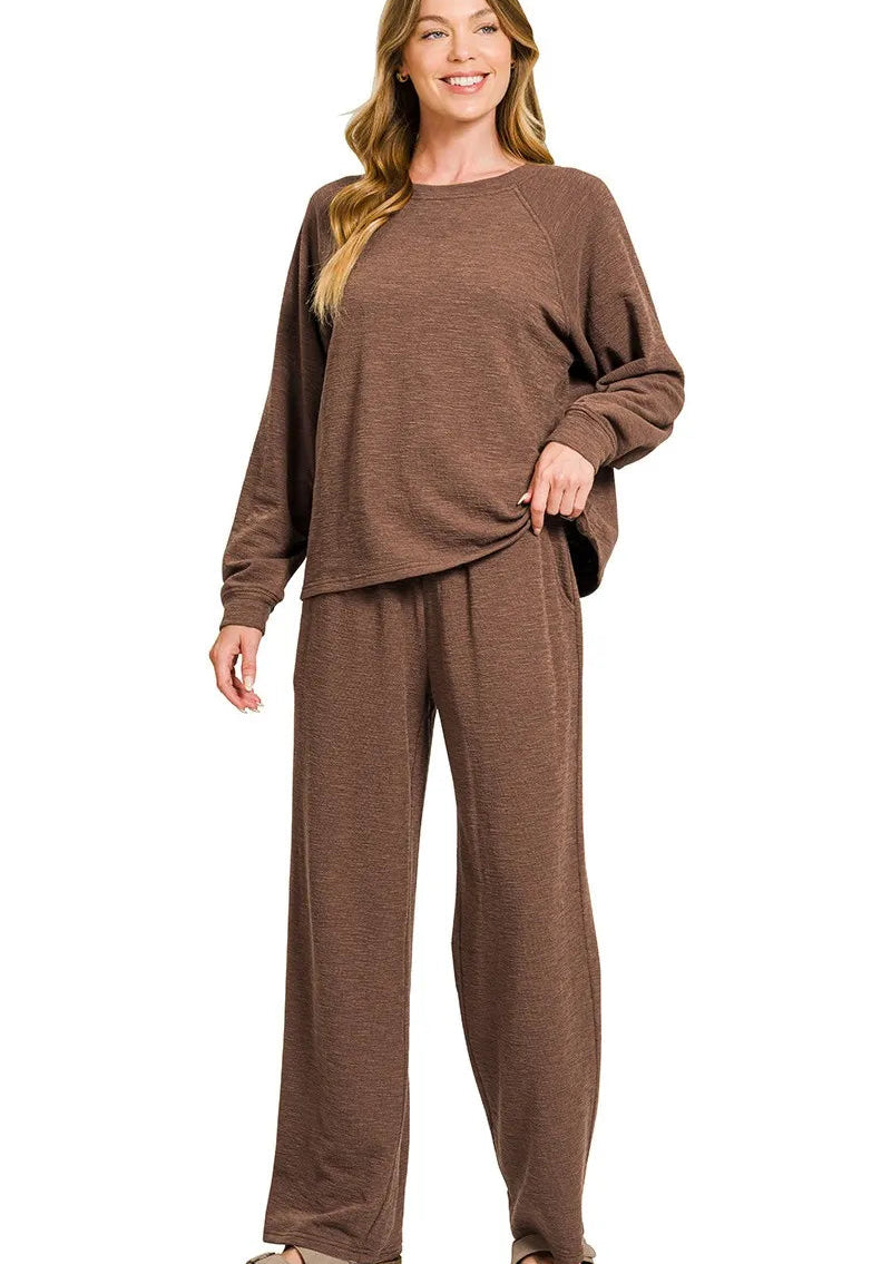 Women’s Zenana Set Brown Slub Long Sleeve Top & Pants – Casual Two‑Piece S‑L - Styleinger