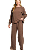 Women’s Zenana Set Brown Slub Long Sleeve Top & Pants – Casual Two‑Piece S‑L - Styleinger